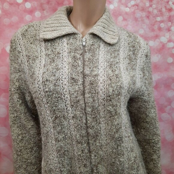 Vintage 70s Chunky Wool Cardigan Womens size M Full Zip Beige Sweater Pockets - Picture 2 of 12